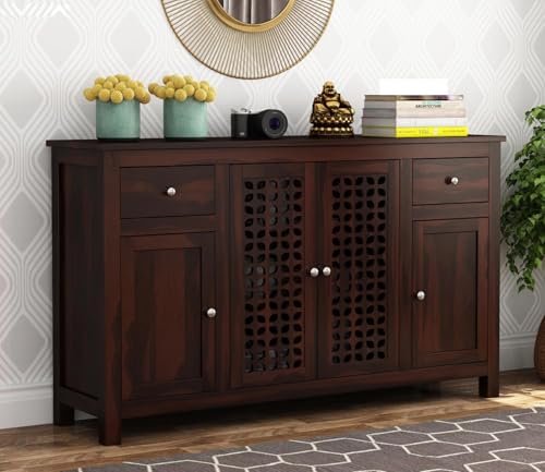 Image of SHIKHA WOOD CRAFT Solid Sheesham Wood Sideboard Cabinet Drawers and Door Storage | Multipurpose Wooden Chest of Drawers Furniture for Bedroom, Living Room, Home, and Office (Walnut Finish-4 Doors)