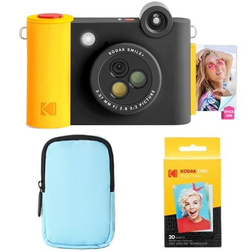 KODAK Smile+ 2-in-1 Digital Instant Print Camera & Wireless Bluetooth Photo Printer Starter Bundle + Deluxe Case + Zink 20pk Sticky-Back Photo Paper - 10MP, Special-Effect Rotating Lens - Black