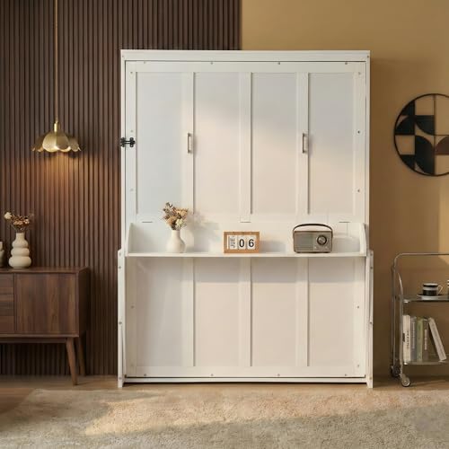 RuiSiSi Queen Size Wood Murphy Bed, Hidden Wall Bed Frame with Desk, Solid Wood Murphy Cabinet Bed Frame with Gas Struts, No Box Spring Needed, White