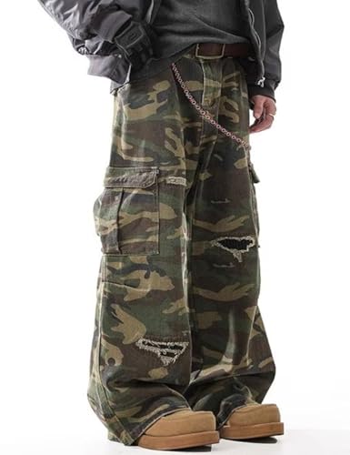 Y2k Hip Hop Wide Leg Denim Pants Distressed Ripped Camo Pants3