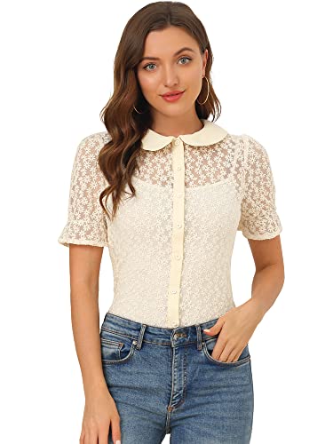Allegra K Camisa de Manga Corta Transparente con Cuello Peter Pan de Malla Bordada con Margaritas...