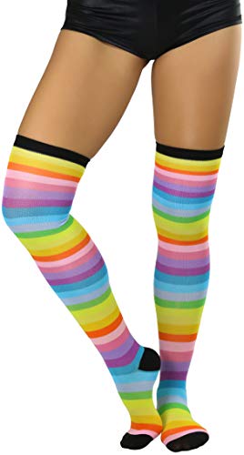 Image of ToBeInStyle Women's Bright Vibrant Rainbow Striped Thigh High Rave Stockings