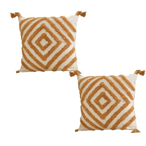 Image of Tarantaran Tufted Decorative Throw Pillow Cover, Blue and White Geometric Pattern with Tassels, 40.6 x 40.6 cm, Modern Square Pack of 2 (Yellow Diamond)
