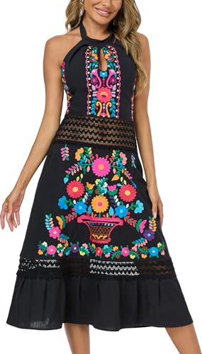Embnoyes Mexican Dress Embroidered Casual Halter Off Shoulder Maxi Cocktail Dresses Sexy Dress for Women Date Night (L, E496BK) Black