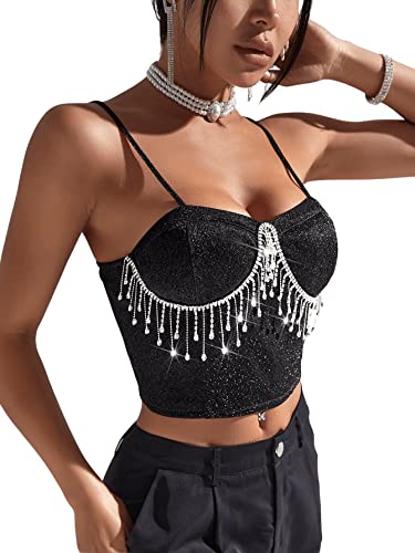 Sweatyrocks Women's Sleeveless Rhinestone Fringe Push Up Bustier Cami Crop Top Spaghetti Strap Tank Tops Black S #TOP3