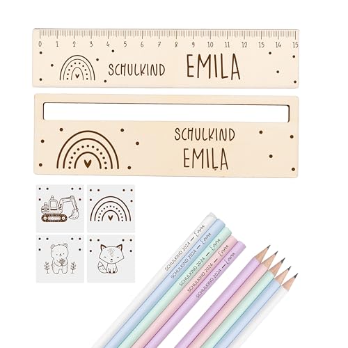 KIDSMOOD -Personalisiertes Schulanfangs-Set aus Lineal, Lesehilfe und Bleistifte, Geschenk zur Einschulung Mädchen und Jungen, Praktische Füllung für Schultüte Inhalt, Schulbedarf für Schulanfang