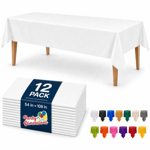 Image of Party Dimensions White Disposable Plastic Tablecloth for Rectangle Tables (12 Pack) Table Cloths for Parties, Events & Weddings, Indoors Outdoors, 54 x 108 inches, Plastic Table Cover