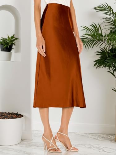 Image of Amy Babe Womens Satin Silk High Waist Slit Midi Skirt Long Skirts for Women | Elastic Waistband, Side Split, Midi Length, Below the Knee, Silky Fabric, Elegant, Fall Winter Outfits