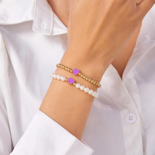 Colorful Heart Beaded Matching Couples Bracelets Chunky Simulated Pearl Stackable Stretch Bracelet Set Pinky Promise Heart Multilayered Elastic Bangles for Women Friendship Jewelry﻿ Gifts﻿﻿-Purple2