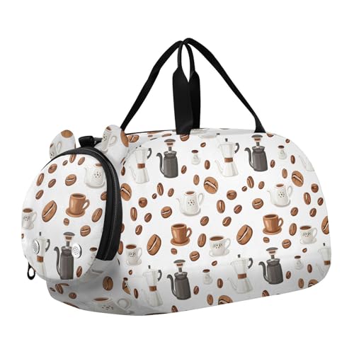 Duffle Bag for Boys or Girls with Shoes Compartment, Coffee Beans Cups Pattern Sports Travel Bag Overnight