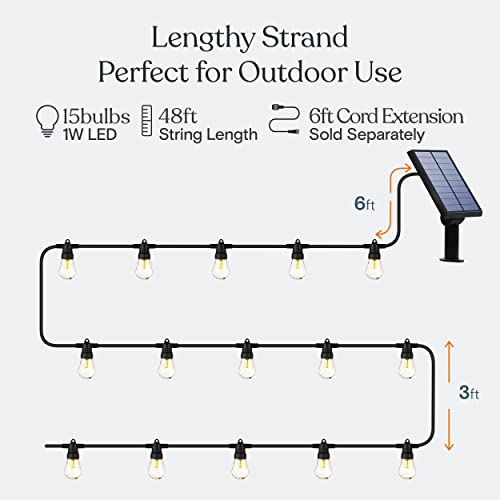 Brightech Ambience Pro Solar Powered Outdoor String Lights, Commercial Grade Waterproof Patio Lights, 48 Ft Edison Bulbs, Shatterproof Led Solar String Lights For Outdoors - 1W Led, Soft White Light #TOP5