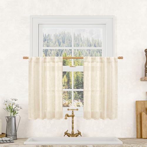 LAMIT Semi Sheer Beige Linen Curtains 36 Inch Length 2 Panels, Light Filtering Panels Back Tab and Rod Pocket Neutral Drapes for Bathroom/Kitchen/Loft Room, 25 x 36 Inch