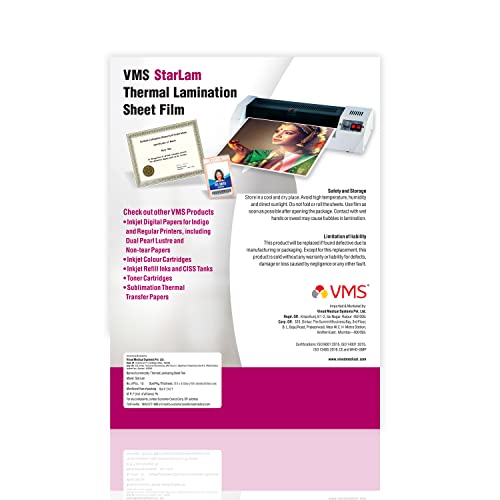 Image of VMS Starlam Thermal A3 Lamination Pouch (Sheets) 310mmx450mm 80 Micron - 100 Laminating Sheets for Certificate and Documents