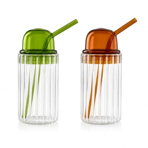 Image of Premium Ribbed Glass Tumbler with Glass Lid & Straw | Borosilicate Drinking Glass for Iced Coffee, Juice, Smoothies & Cold Beverages | Lightweight Aesthetic Glass Cup (Green Tumbler)