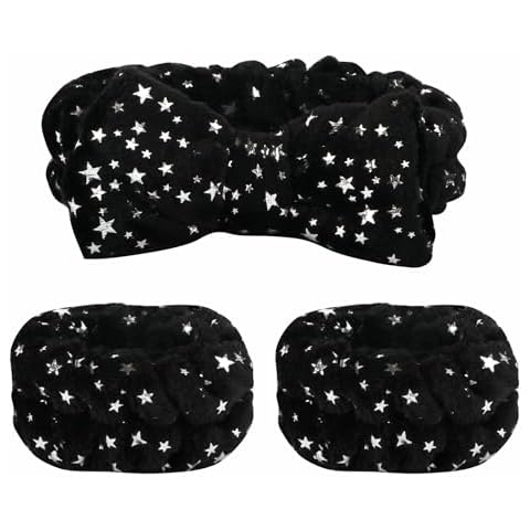 SZHYHTIKI Women's Face Wash Headband and Wristband Set,Glitter Star Headband Makeup Skin Care Headbands for Girls (black) Cover