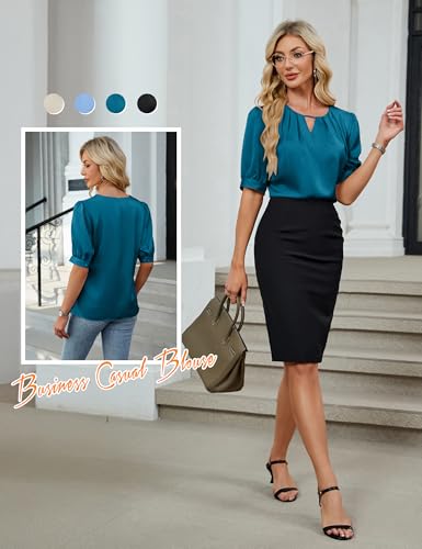 Blooming Jelly Women's Dressy Business Casual Blouses Silk Puff Sleeve Tops Summer Outfits V Neck Pleated Work Shirts 20253