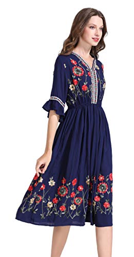 Shineflow Women's Short Sleeve Mexican Embroidered Floral Pleated Midi A-Line Cocktail Dress(Blue,L) #TOP2