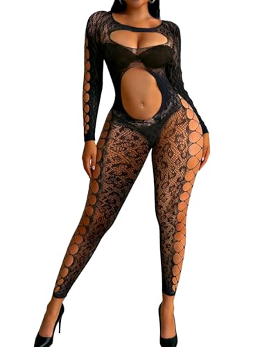 Buitifo Woman Lingerie Bodysuit Fishnet Stocking Leopard Full Body Jumpsuit Black M