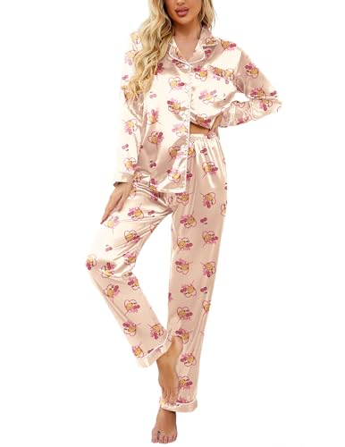 Image of Ekouaer Womens Satin Pajama Set Classic Pattern Silky Pj Sets Button Down Sleepwear Loungewear
