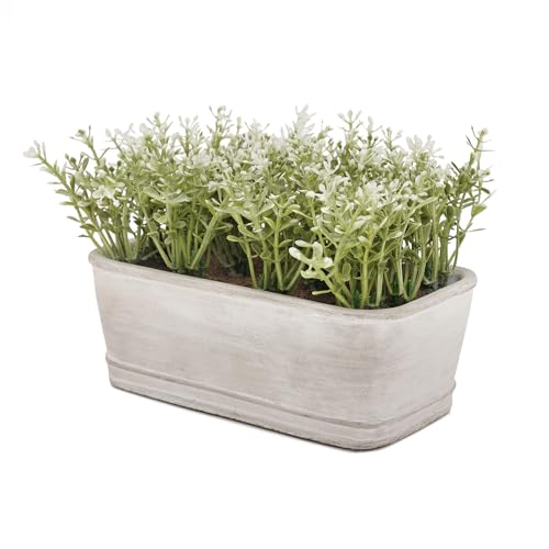 Image of PURE HOME + LIVING Green Faux Plant with Rectangular Cement Pot Plant in Dusty Green for Office Room Table Windowsill Decor.(Pot-21X12 CM,Height-15cm) Pack of 1