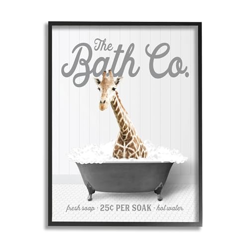 Image of Giraffe Bubble Bath Bathroom Humor, 16 x 20 Inch Framed Giclee Print | Stupell Industries . By Lettered and Lined . Ready to hang once unboxed . Fun gift for bathroom decor . Made in USA