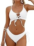 ZAFUL White Bikini Sets 2 Piece Cheeky High Rise Swim Suits for Women 2024 Spaghetti Strap Criss Cross Bathing Suit Teen Girls Cut Out Swimsuit Modest Bottom Swimwear M