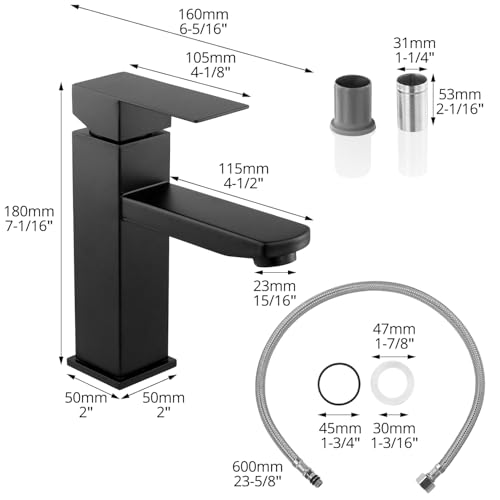 QWORK® Waschbeckenarmatur Schwarz, Badezimmer Wasserhahn mit 2 Schläuchen, Edelstahl Quadratisch Heiß Kalt Mischbatterie, für Garten Küche Bad
