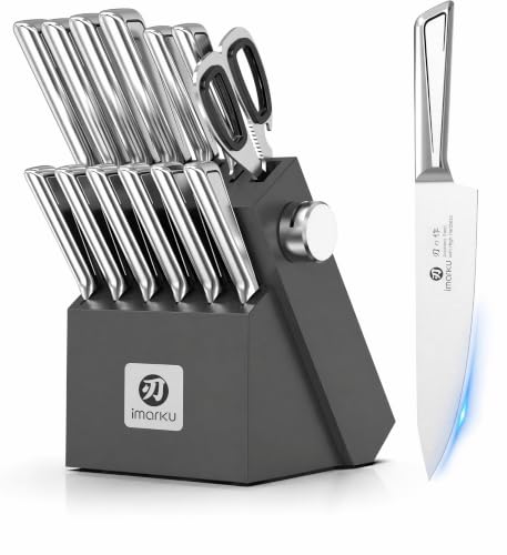 Image of imarku 14-Piece Knife Set with Block, One Set for Meat, Fish, Veggies & Bread, Glides Through Every Cut, High Carbon Stainless Steel with Built-in Sharpener, Dishwasher Safe, utility knives