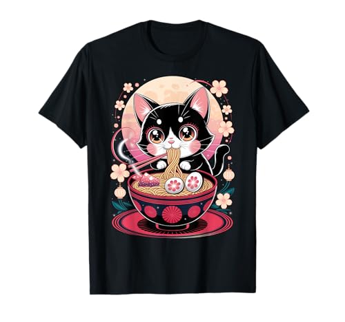 Japonés Anime Gato Ramen Kawaii Gato Comiendo Fideos Camiseta