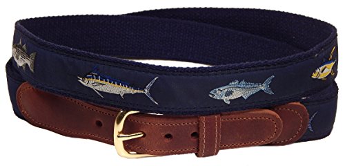 Four Fish Striped Bass, Bluefish, Marlin, Yellow-Fin Tuna Men's Belt, Navy (36)