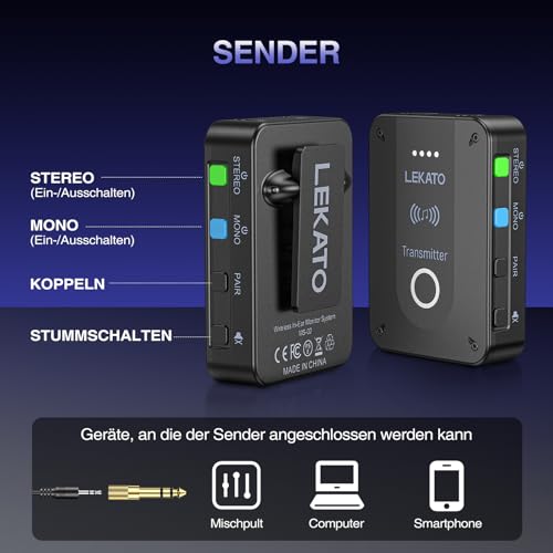 LEKATO MS-02 Drahtloses In-Ear Monitoring System, Professionelles kabelloses 2.4G IEM-System mit Sender & Empfänger im Mono- und Stereo-Mode, Eins zu Mehr- geeignet für Bandproben und Live-Auftritt