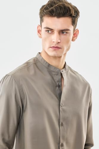 Image of SNITCH Men Casual Shirt | Oversized Fit Full Sleeve Mandarin Collar Solid Design | Modal Blend & Breathable Fabric for Everyday Wear & Semi-Formal Occasions