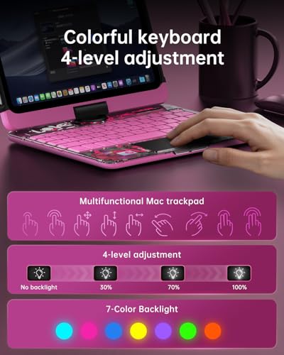 Image of Clear Keyboard Case for iPad mini 7 A17 Pro(2024) & Mini 6 (2021) 8.3 inch, 7-Color Backlit Wireless Keyboard with Touchpad, 360 Rotating Stand, Pencil Holder for iPad mini 7th /6th Generation, Pink