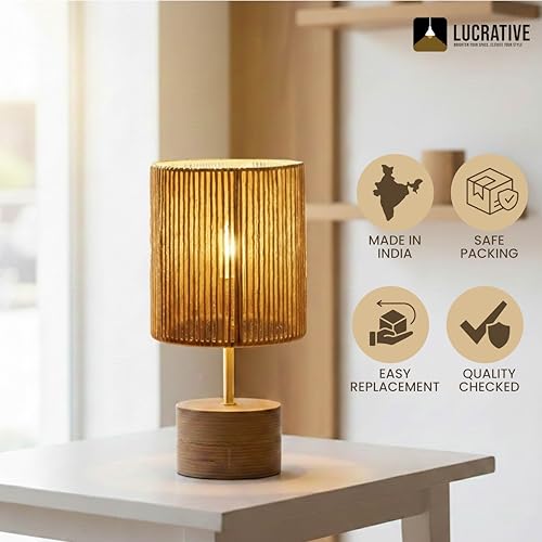 Image of LUCRATIVE Handcrafted Rattan Table Lamp for Bedroom & Living Room - Boho Wooden Bedside Home Decor Lamp with Warm White LED, 27 x 12.7cm | Bulb Included