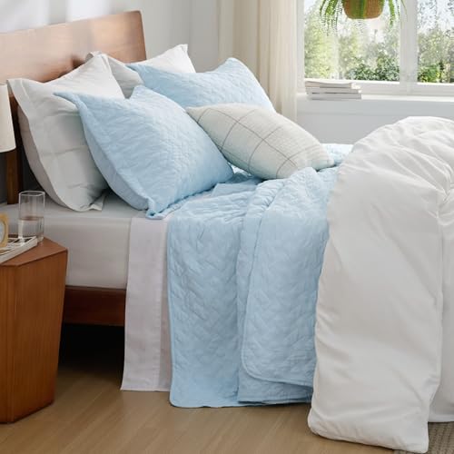 Image of Bedsure Quilts Queen Size - Lightweight Bedspreads Queen Size with Basket Weave Pattern, Soft Quilt Bedding Set, Sky Blue Comforter Set Coverlet for All Seasons with 2 Pillow Shams (90 inch x 96 inch)