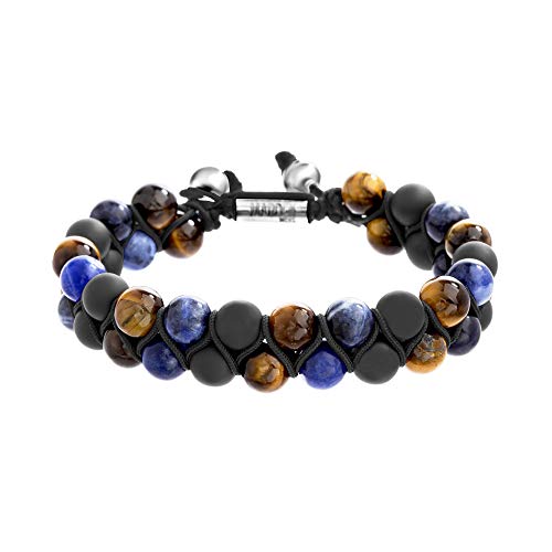 Steve Madden Double Row Simulated Tiger's Eye, Simulated Blue Lapis, and Simulated Black Onyx Beaded Adjustable Slider Bracelet for Men in Stainless Steel ( Brown )