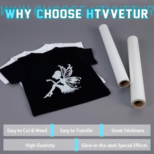 Image of HTVVETUR Glow in The Dark HTV Heat Transfer Vinyl Roll 12 Inch by 20 Feet Iron on DIY for T-Shirt PU Stretch Elastic HTV Vinyl (Dark in Glow Light Blue, 20FT)