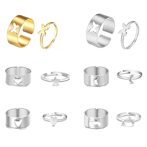 6 Pcs Bagues D'amitié Réglables Anneaux de Couple de Papillon Ensemble de Bagues Réglables Anneaux de Couple Coeur Bagues de Promesse Anneaux de Couple Lune Bague Couple Étoile Pour hommes femmes Cover