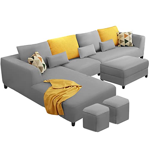 Image of Galib LHS 8 Seater L Shape Sofa Set with Ottoman & 2 Puffy for Living Room (Grey) Premium Fabric