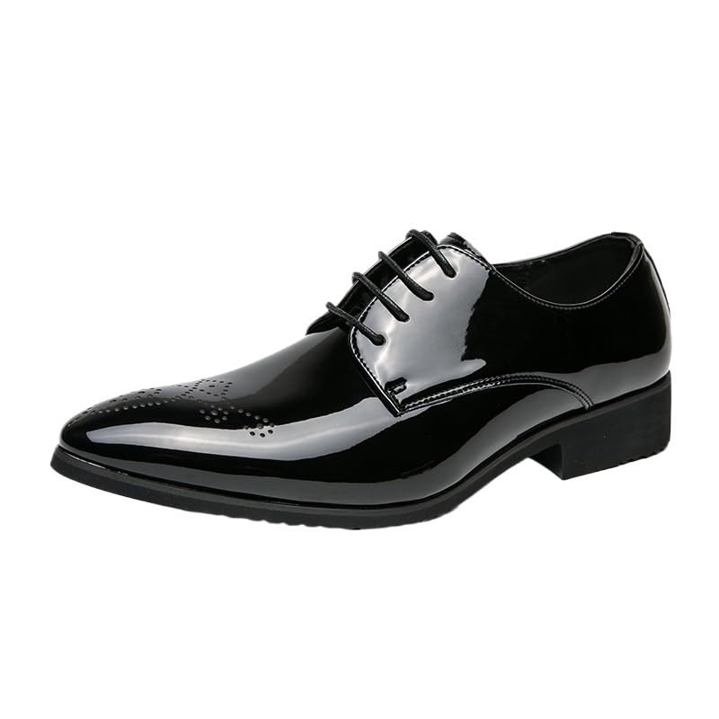 Autumn Men Bright Upper Dress Shoes Lace-up Brogue Casual Shoes Men Genuine Leather Shoes Classic Pointed Toe Business Oxford Shoes