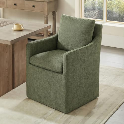 Image of KISLOT Upholstered Dining Chairs with Casters, No Assembly Modern Accent Armchair with Rollers for Dining Room, Bedroom, Living Room, Reading Room, Already Assembled, Green, 1 Box