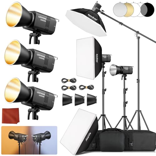 Godox 3Pack LE200Bi Light Kit wih Light Stand/Softbox/Carry Case/5-1 Reflector Bi-Color LED Professional Continuous Video Lighting Kit, CRI 98+, 2800K-6500K, 57700 Lux for Studio