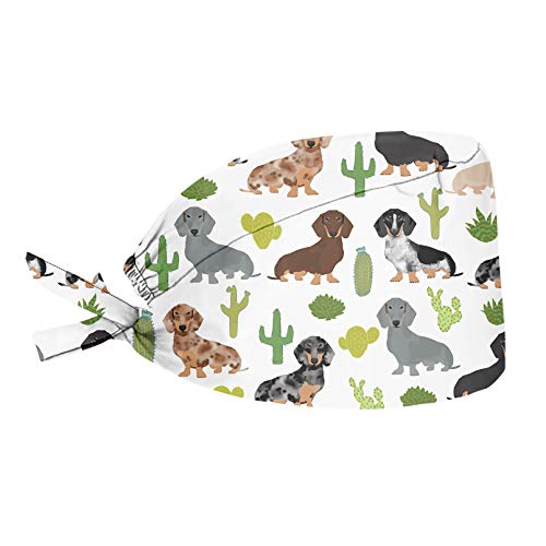 JoyLamoria Lovely Dachshund and Cactus Print Adjustable Cap with Sweatband, Tie Back Hat Hair Covering Cap for Men Women
