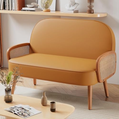 Image of Modern Faux Leather 2-Seater Sofa with Wooden Legs & Cane-Style Armrests | Compact Loveseat for Living Room, Bedroom & Office (Orange Faux Leather)