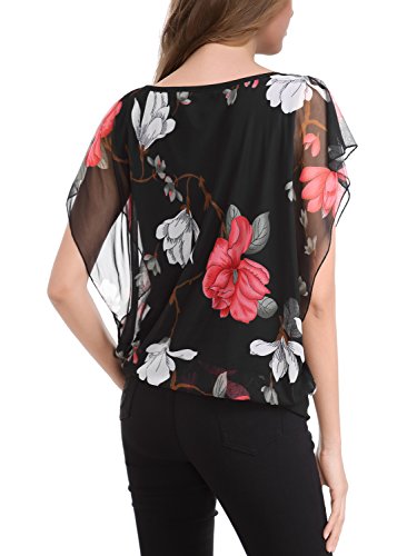 BAISHENGGT Women's Pleated Front Flared Short Sleeve Mesh Tunic Top Medium Black