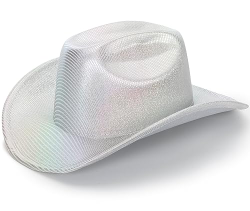 HinyBoeh Silver Space Holographic Cowboy Hat for Womens - Glitter-Western Cowboy Hat for Beach Party Music Festivals(Size:M) Silver M