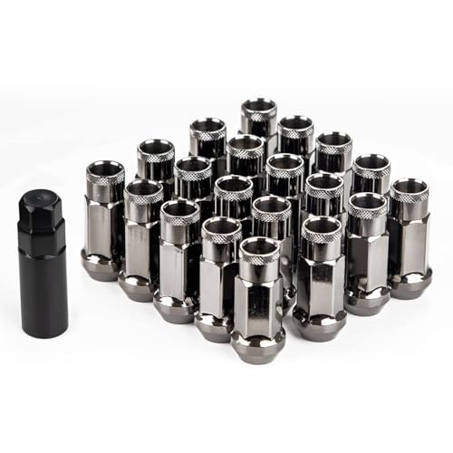 BTtime スチール製 ホイールナット 貫通 レーシングナット スチール製 ホイールロックナット クロムバナジウム M12 x P1.5 高さ48mm 20個セット 外装パーツ ドレスアップ 盗難防止 ソケット付きカーパーツ カー用品(チタン)