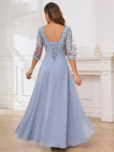 3/4 Sleeves Mother of The Bride Dresses for Women Lace Appliques Chiffon Formal Wedding Guest Dresses Ruched2