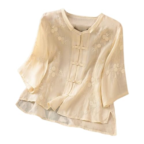 Generisch 2025 Temperamento Femenino Bordado Top Lino Manga Media Manga Retro Botón de Disco Camisa de Lino Tops Sexy Mujer, beige, XL
