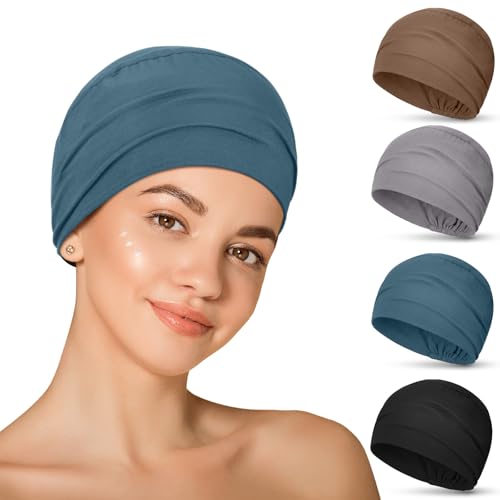 Zhengmy 4 Pcs Cotton Chemo Sleep Cap for Women Soft Cancer Beanie Hat Headwear Turban Stretchy Skull Cap Hair Loss Head Wrap(Lake Blue Khaki Black Light Gray)